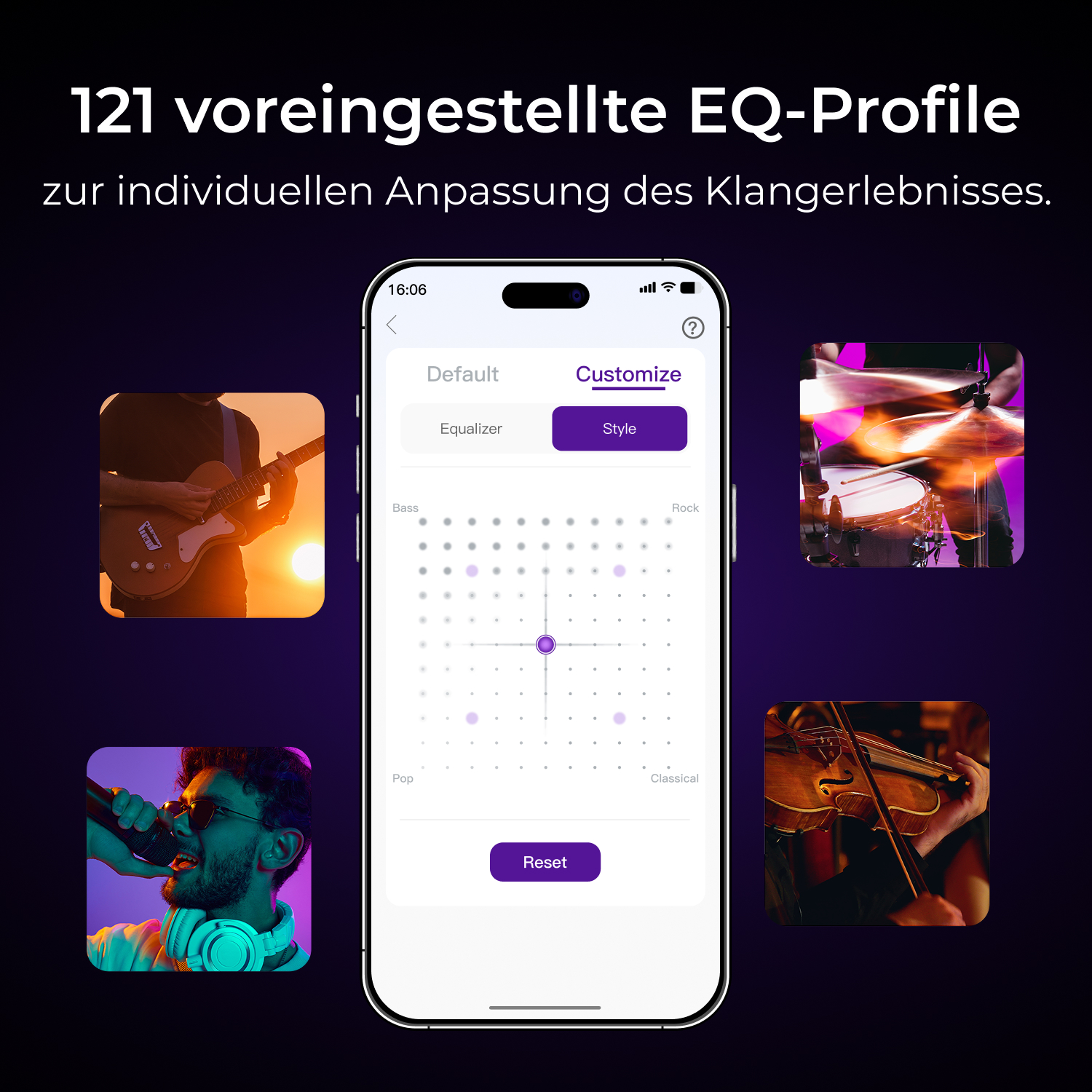 Application smartphone affichant les réglages d'égaliseur avec des musiciens : guitariste, chanteur, batteur, violoniste.