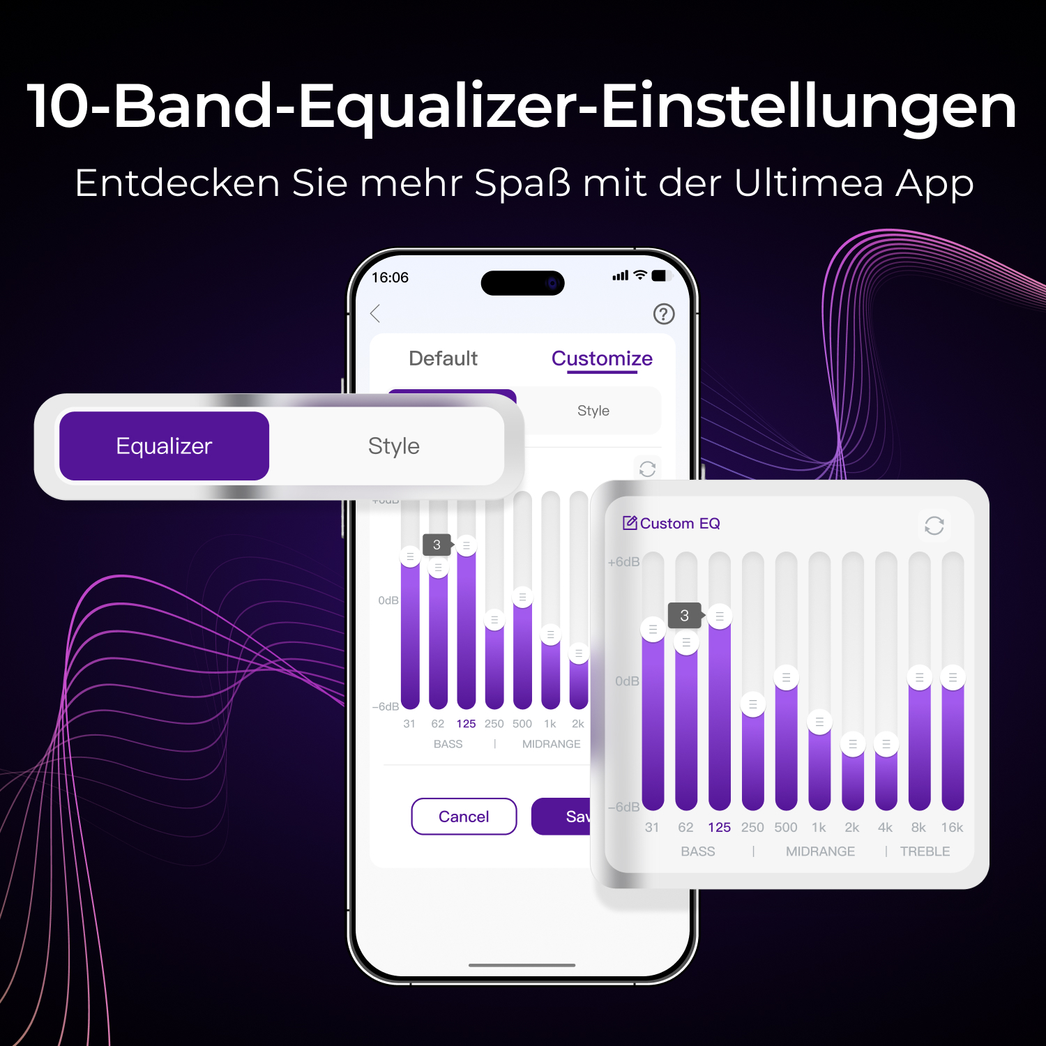 Eine Smartphone-App zeigt Equalizer-Einstellungen mit lila Balken an.