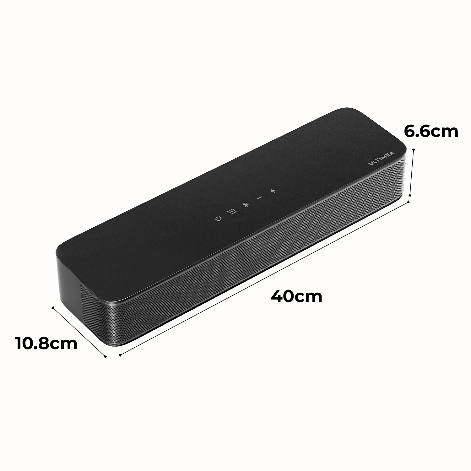 Enceinte noire 40x10,8x6,6 cm avec boutons de commande.
