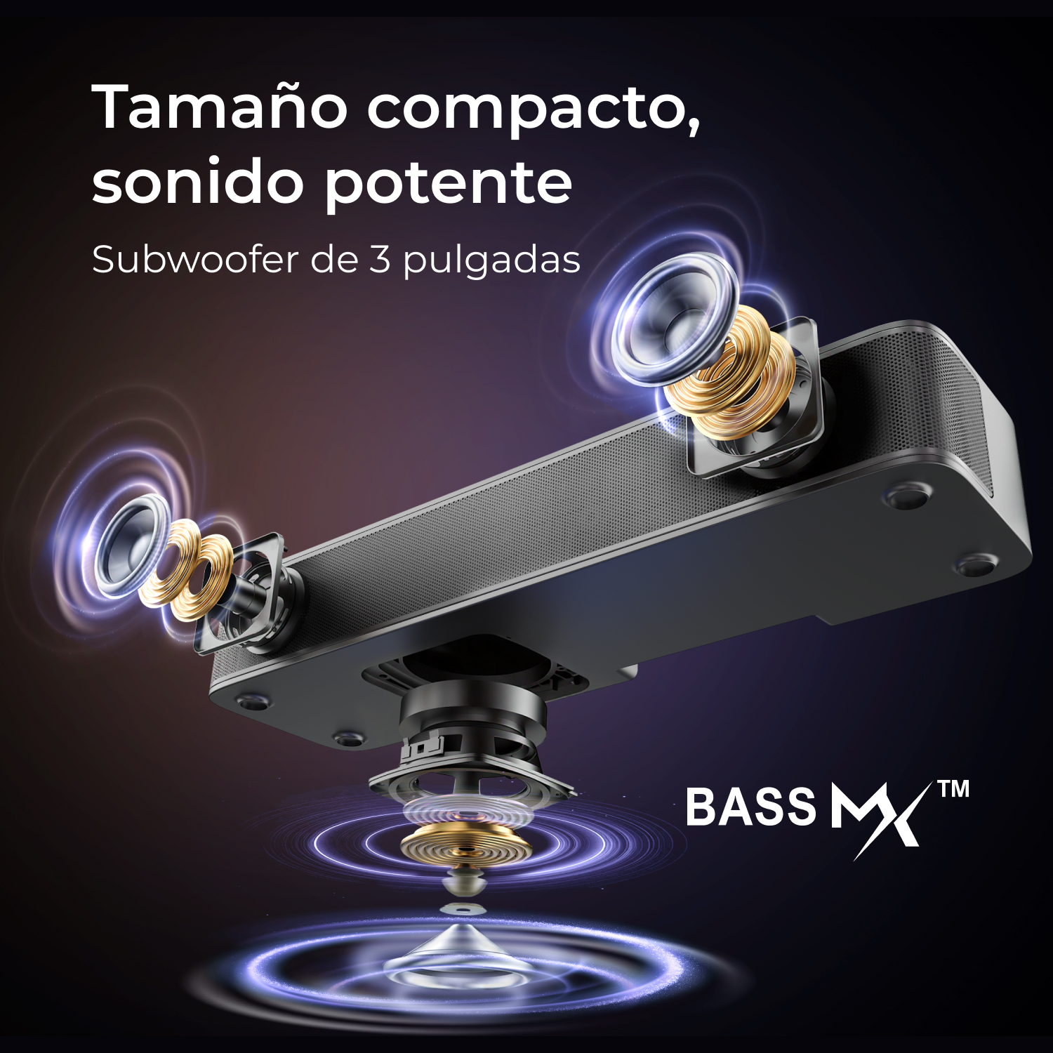 Barra de sonido compacta con vista explotada de subwoofer y altavoces de 3".