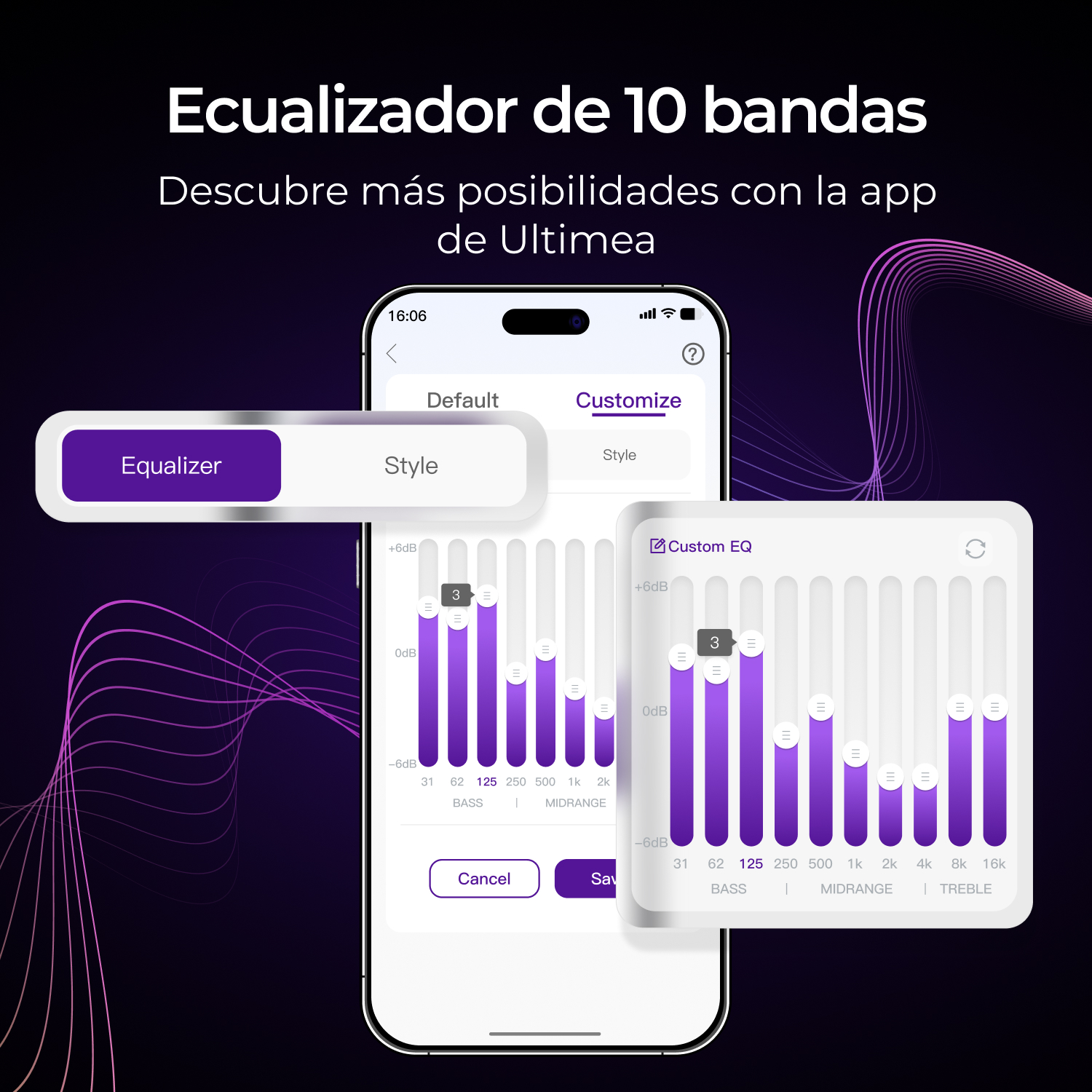 Un smartphone muestra una app de ecualizador con barras y controles morados.