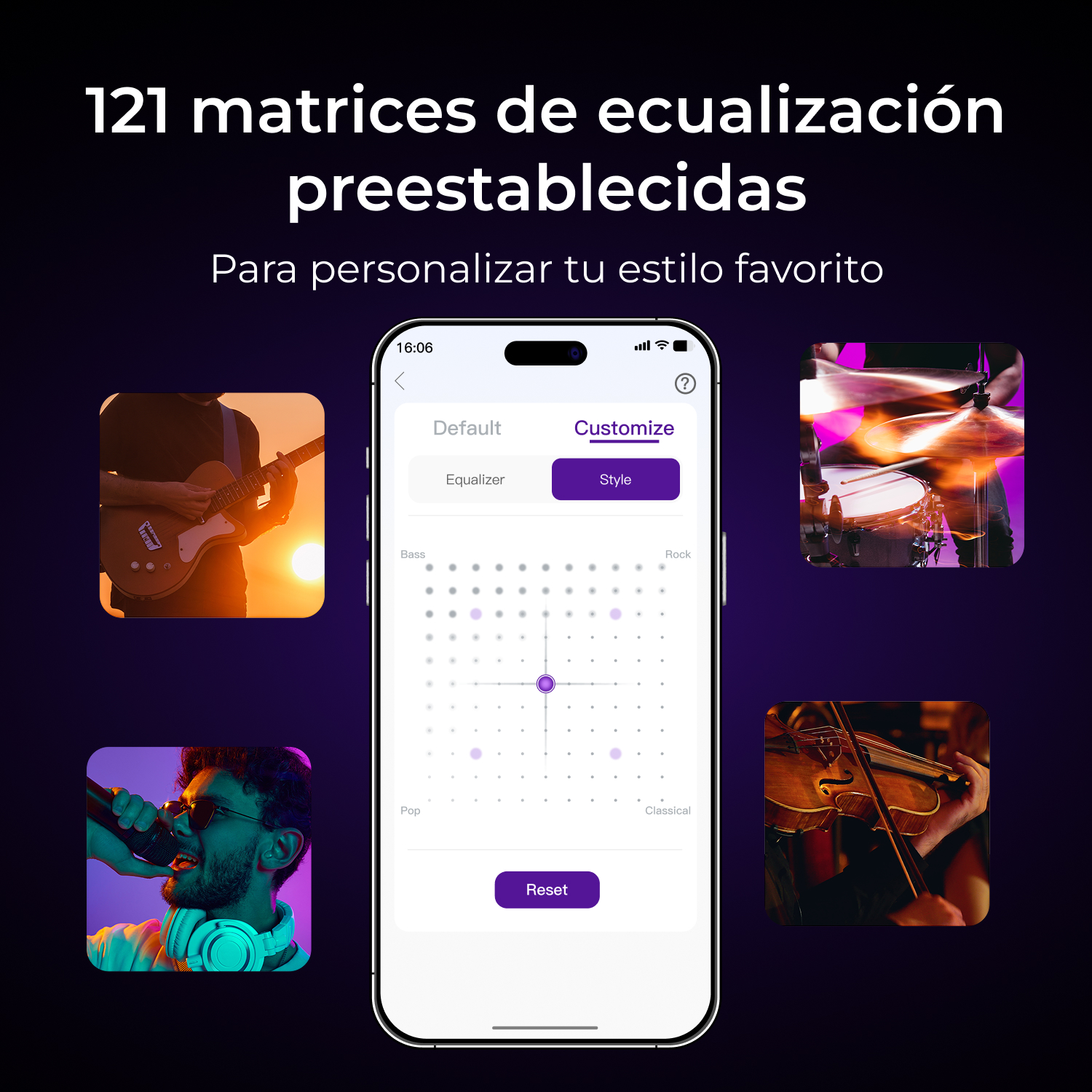 Interfaz de app con músicos: guitarrista, cantante, violinista, baterista.