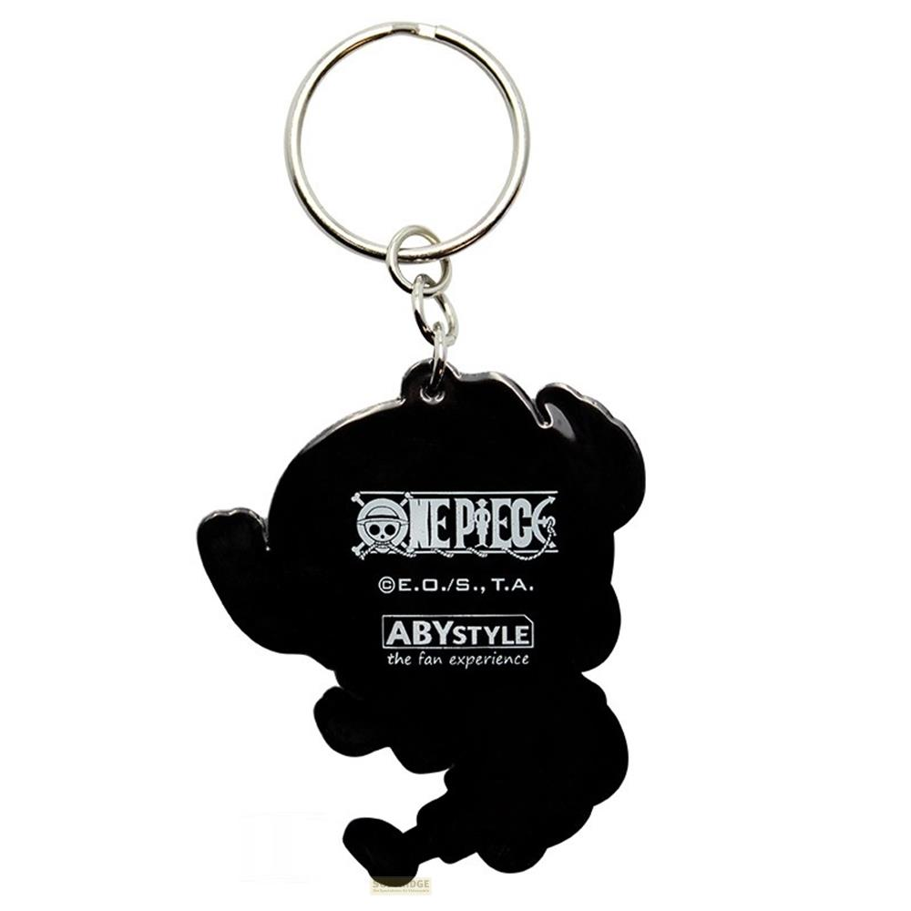 Llavero negro de One Piece con el logo y texto.