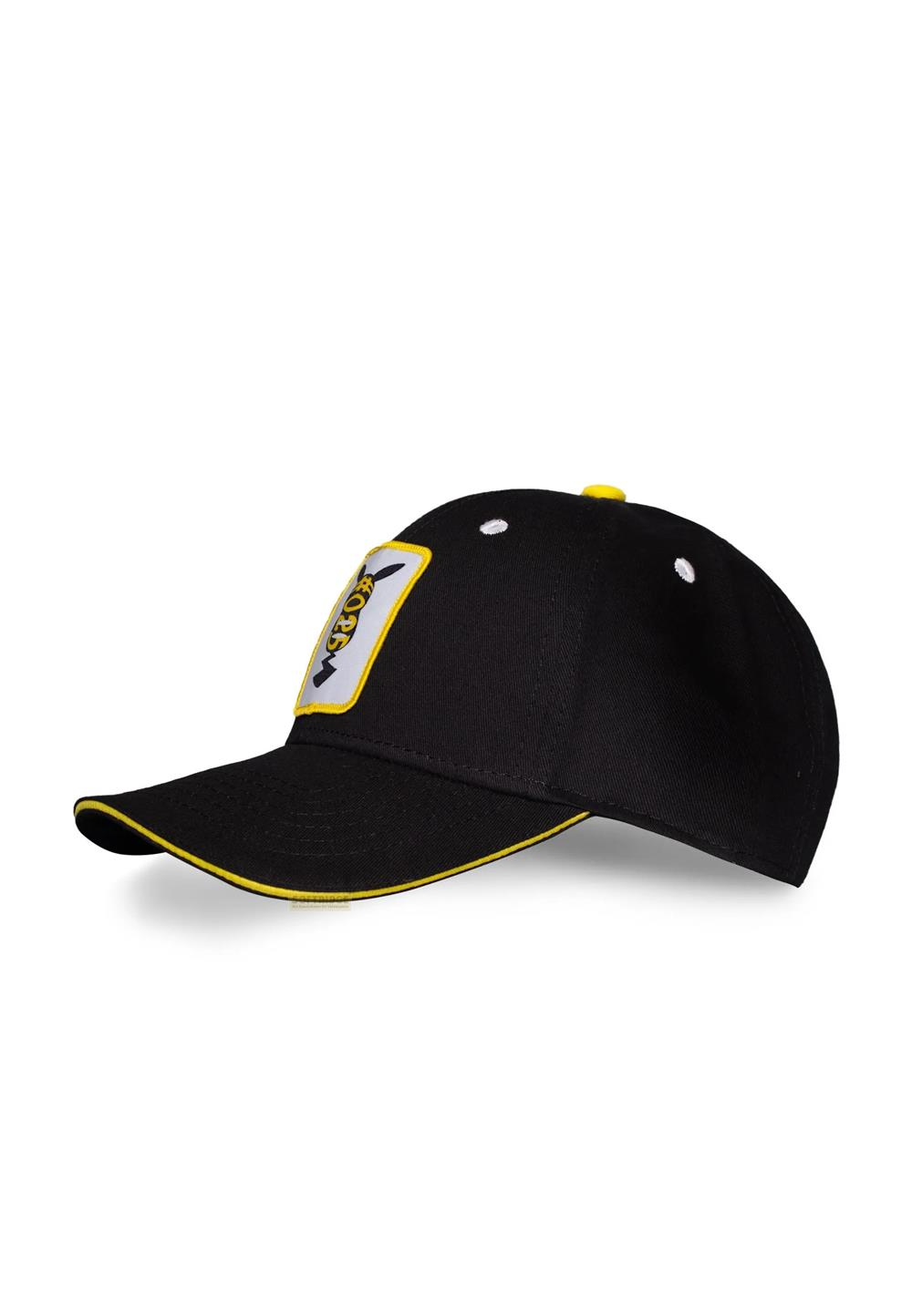 Casquette noire avec passepoil jaune et écusson rectangulaire jaune à logo noir.
