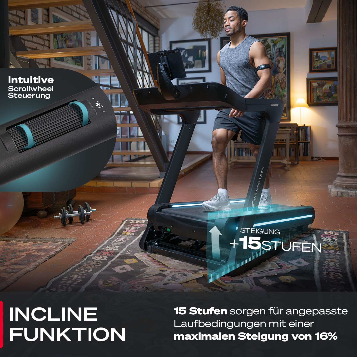 Ein Mann läuft auf einem Laufband mit Steigungsfunktion und intuitiver Scrollradsteuerung.