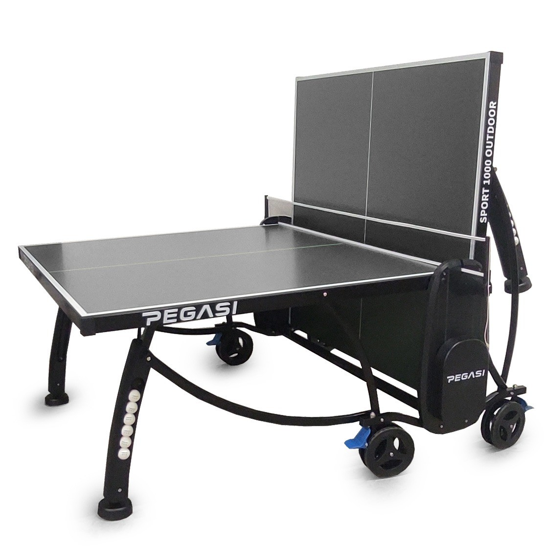A black outdoor table tennis table with wheels and a net.