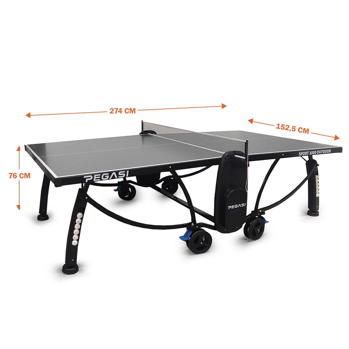 Black outdoor table tennis table with wheels and dimensions.