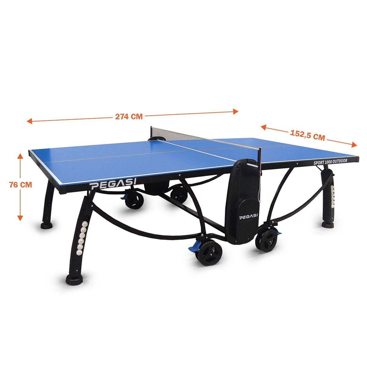 Een blauwe tafeltennis tafel met net, afmetingen zijn aangegeven.