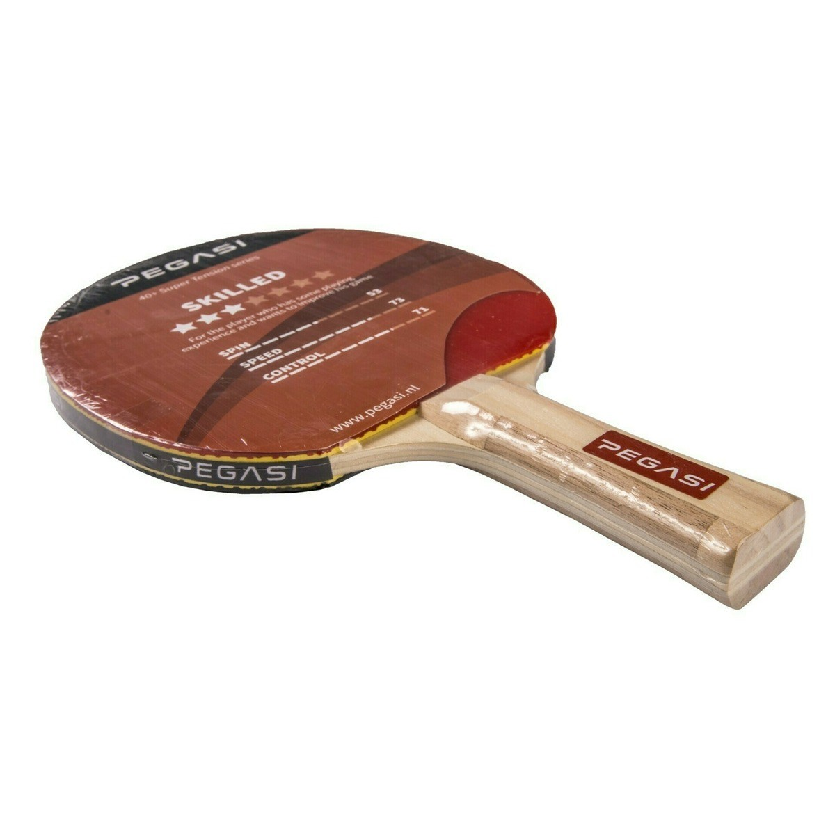 A table tennis racket with red rubber and a wooden handle, brand Pegasi.