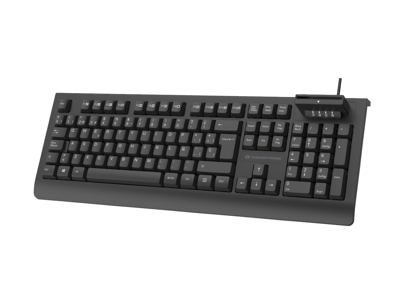 Tastiera Conceptronic nera con tastierino numerico e connessione via cavo.