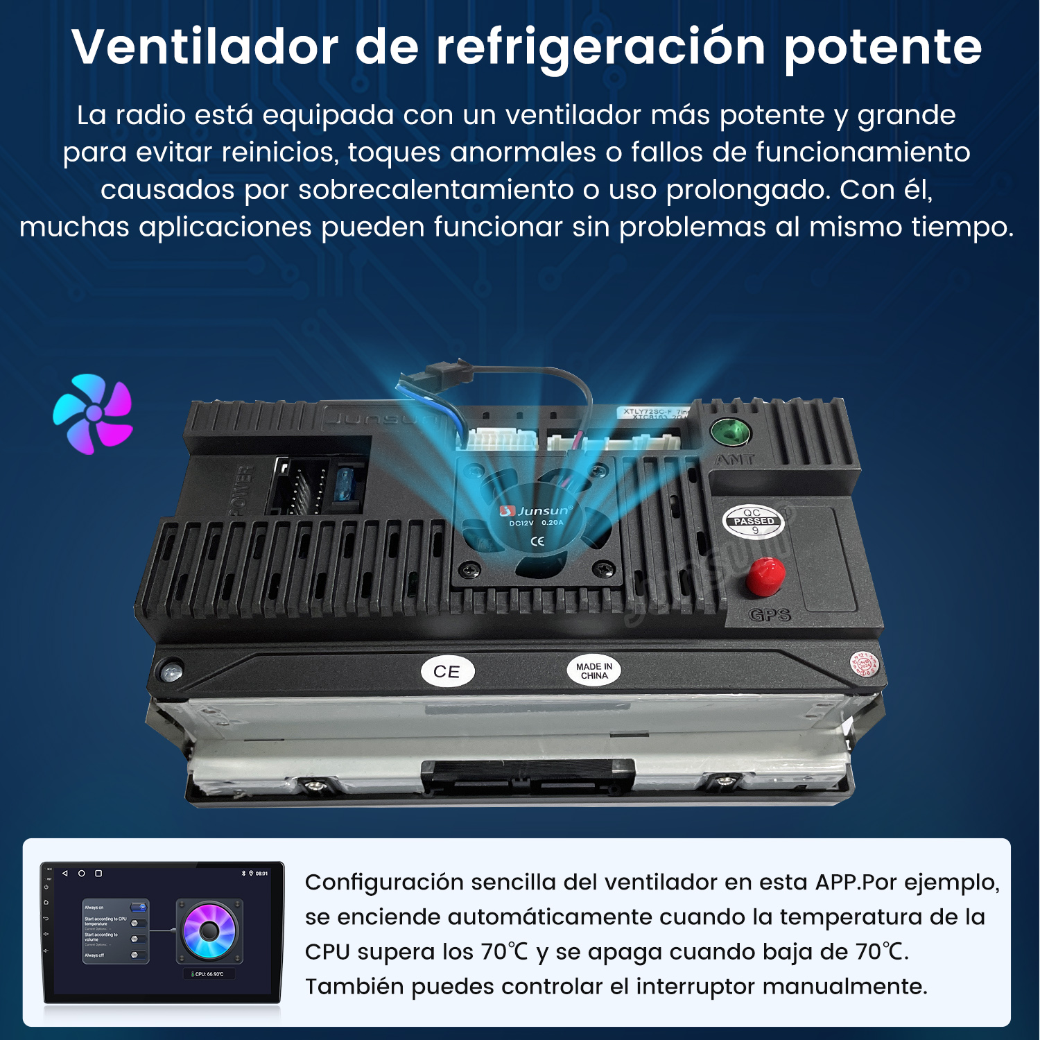 Parte trasera de una radio de coche mostrando ventilador e interfaz de app.