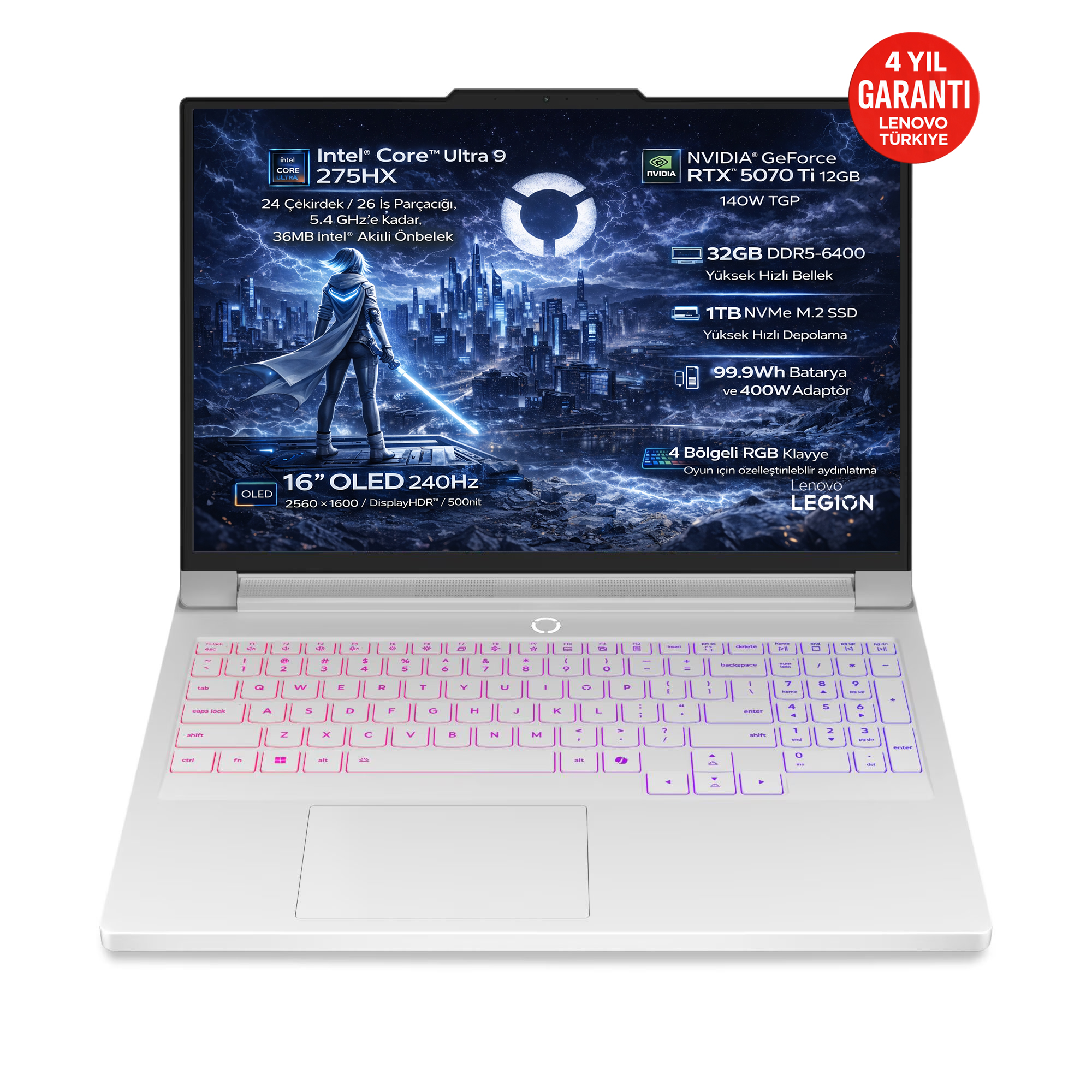 Intel Core Ultra 9, RTX 5070 Ti, 16 inç OLED ekrana sahip beyaz dizüstü bilgisayar.