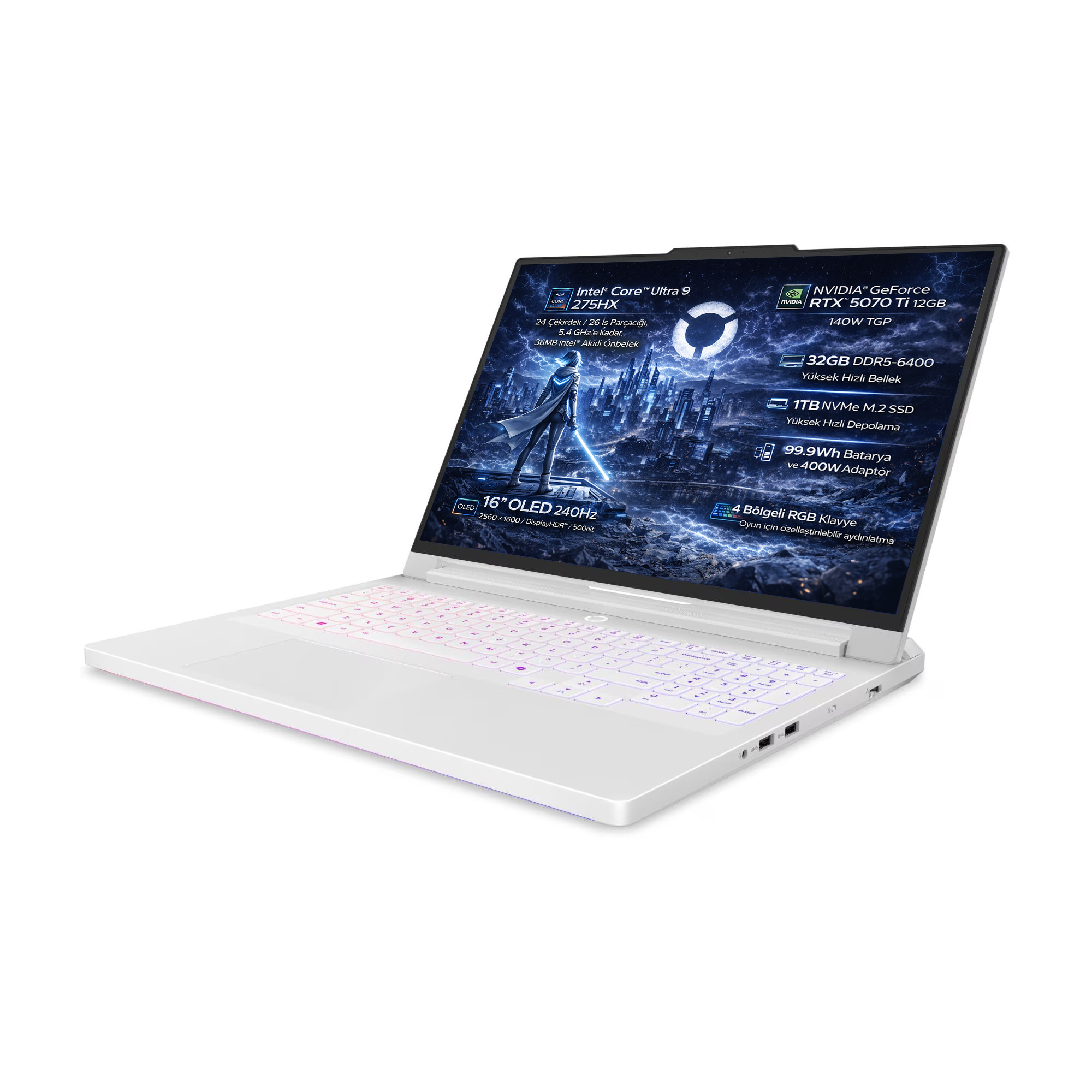 Arkadan aydınlatmalı klavyeli beyaz dizüstü bilgisayar, Intel Core Ultra 9, RTX 5070 Ti ve 16 inç OLED ekran gösteriyor.