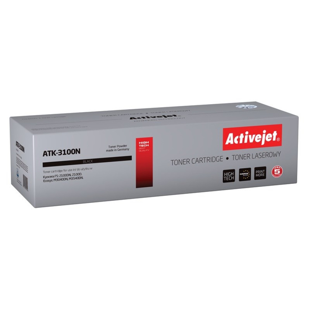 Szare pudełko z czarnym i czerwonym napisem, toner Activejet ATK-3100N.