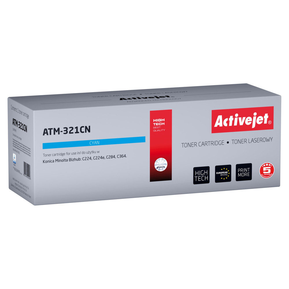 Confezione di una cartuccia toner Activejet ATM-321CN ciano per stampanti Konica Minolta.