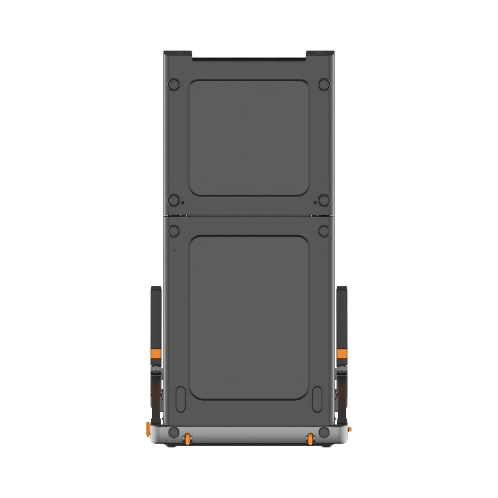 Szary, prostokątny pojemnik z pomarańczowymi akcentami i uchwytami.