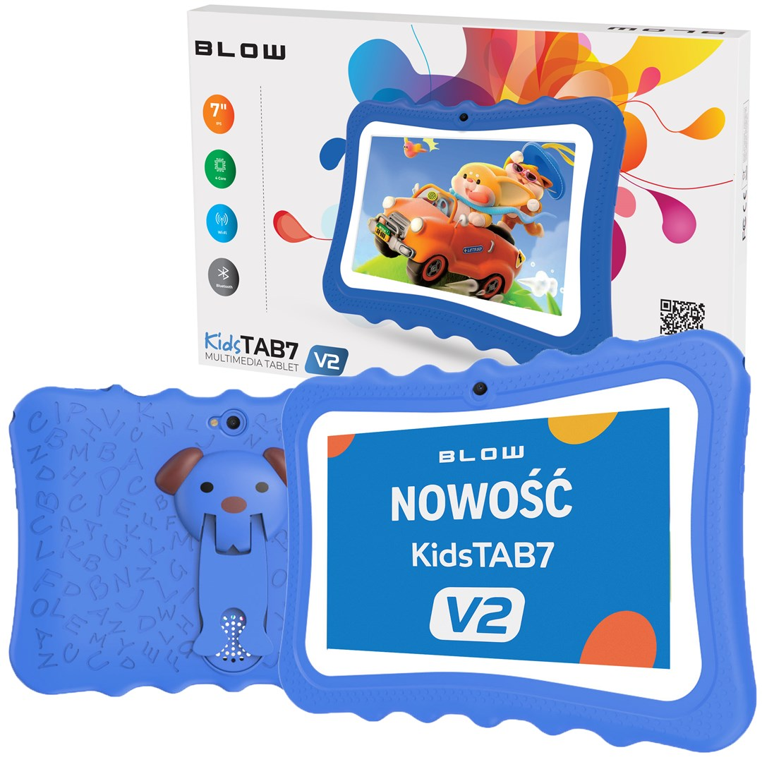 Niebieski tablet dla dzieci z motywem psa, widok z przodu i tyłu. Na ekranie "Nowość KidsTAB7 V2".