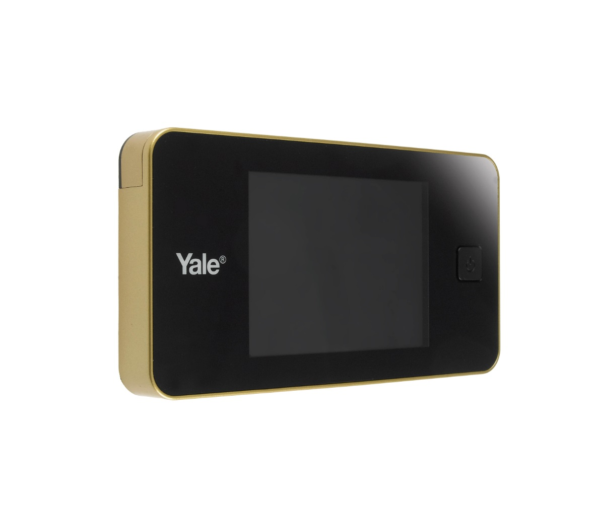 Visor digital Yale dorado con pantalla negra e icono de encendido.