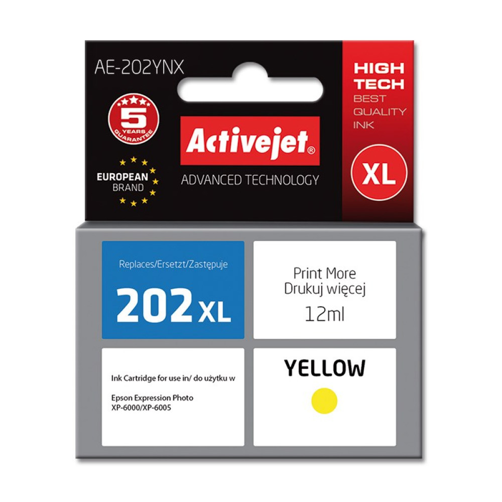 Emballage d'une cartouche d'encre jaune Activejet 202XL pour imprimantes Epson.