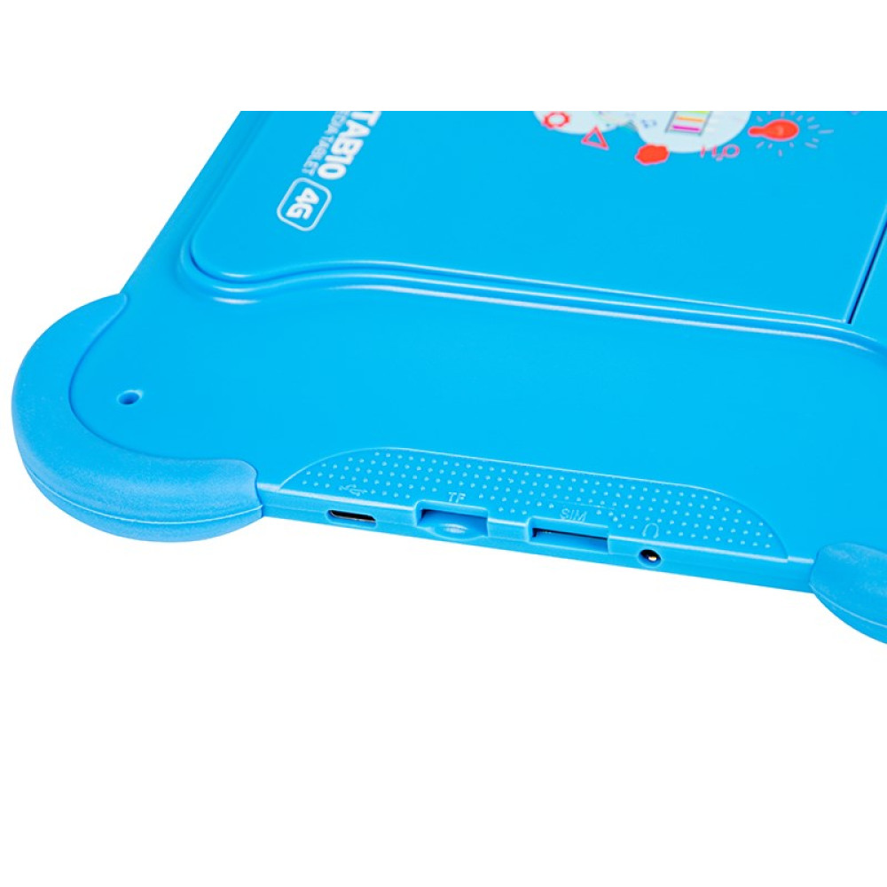 Niebieska krawędź tabletu z portami: USB, karta TF, karta SIM i gniazdo słuchawkowe.