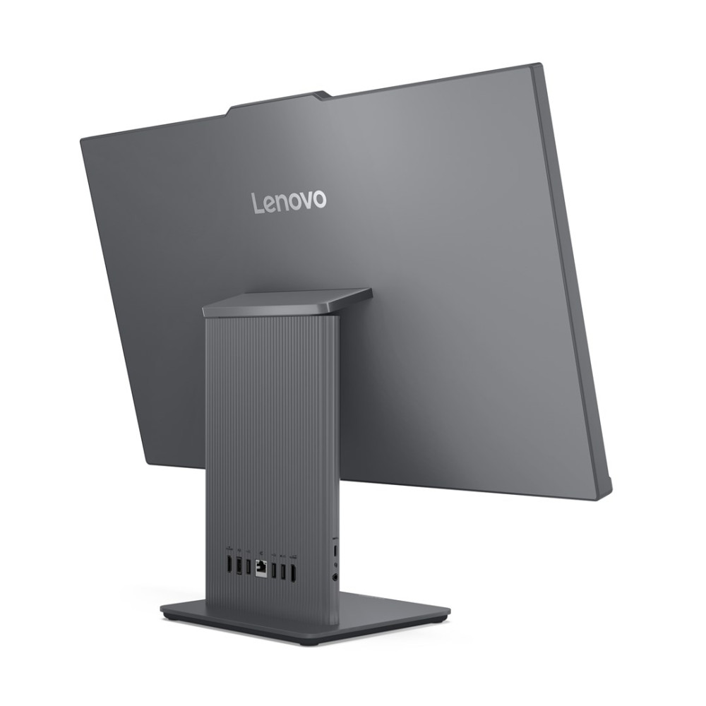 Tył szarego komputera All-in-One Lenovo z portami.