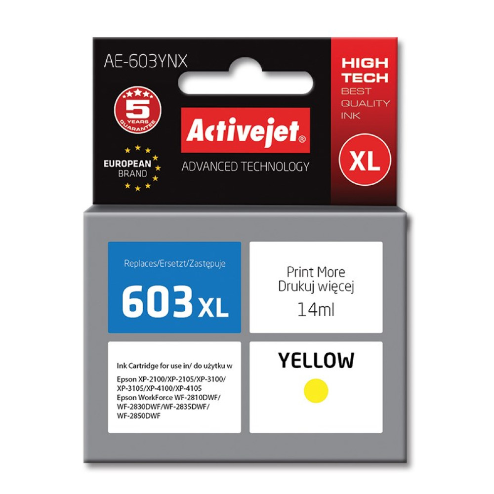Cartouche d'encre jaune Activejet 603XL, 14ml, pour imprimantes Epson.