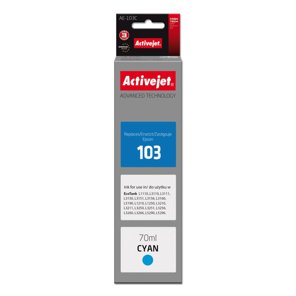 Cartouche d'encre Activejet 103 Cyan, 70ml, pour imprimantes Epson EcoTank.
