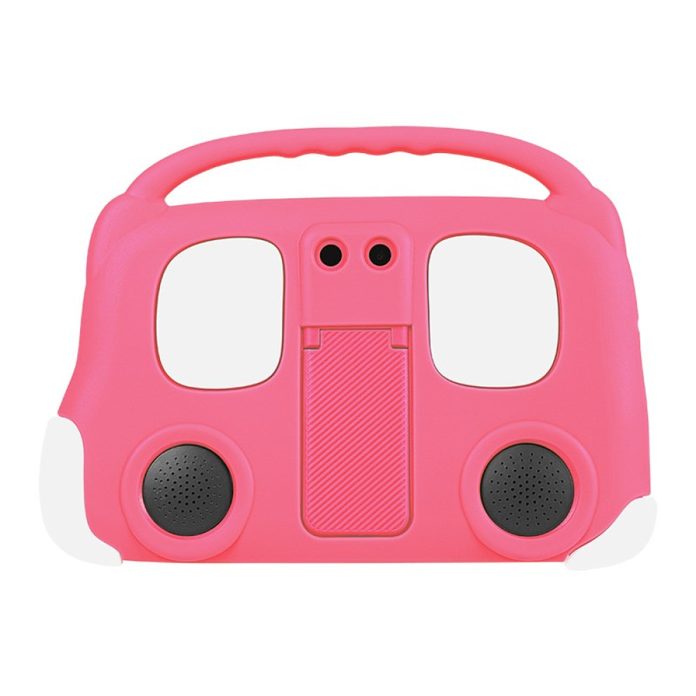 Różowe etui na tablet z uchwytem u góry, dwoma wycięciami na głośniki, dwoma otworami na aparat i podstawką.