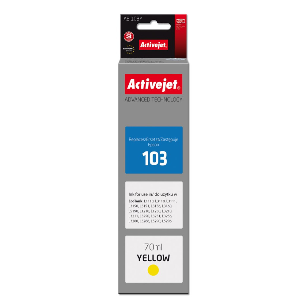 Confezione di inchiostro giallo Activejet AE-103Y, 70ml, per stampanti Epson EcoTank.