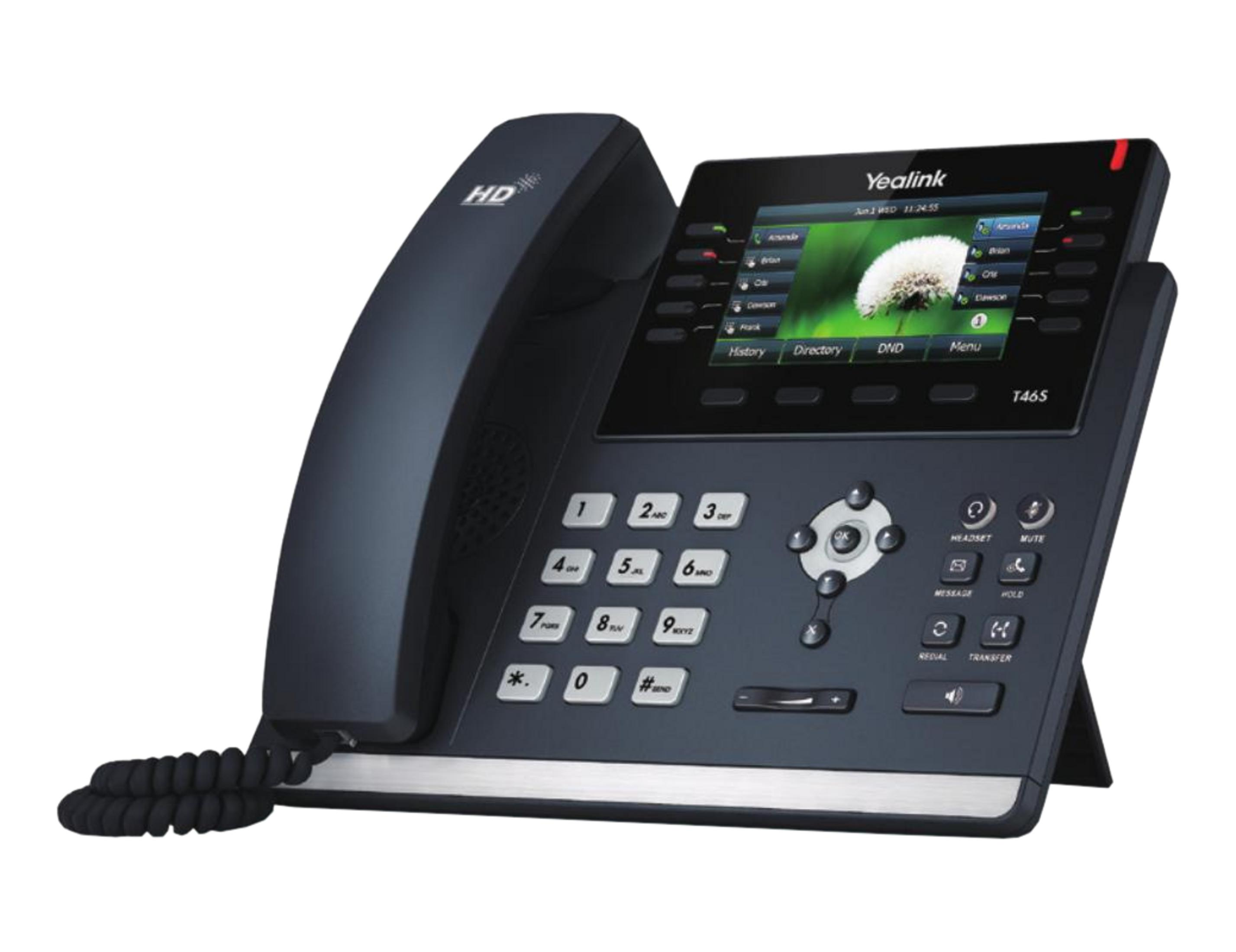 Un telefono da scrivania Yealink T46S nero con cornetta HD e display a colori.