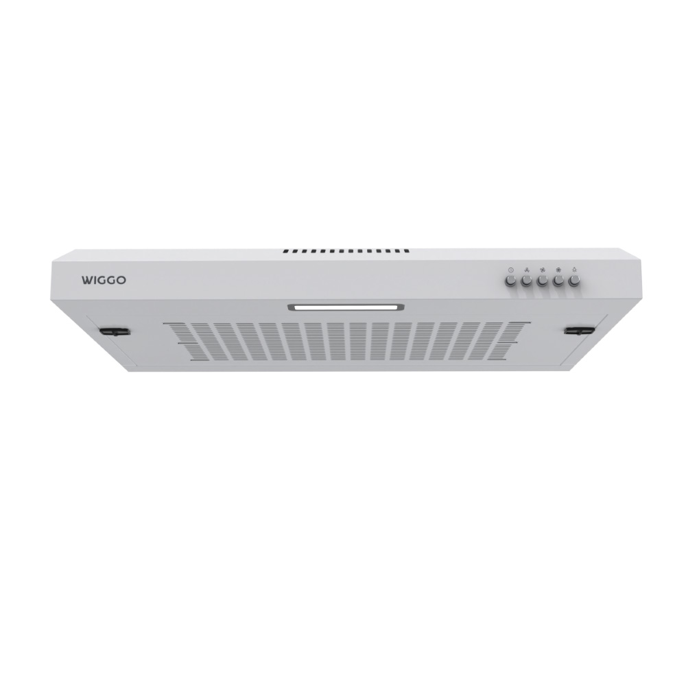 A white range hood with controls and a light bar.