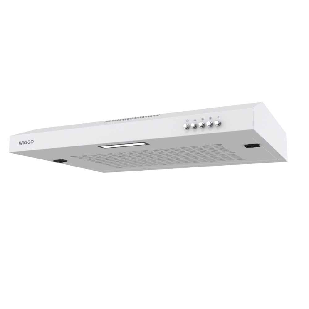 A white kitchen range hood with buttons and a light, WIGGO logo.