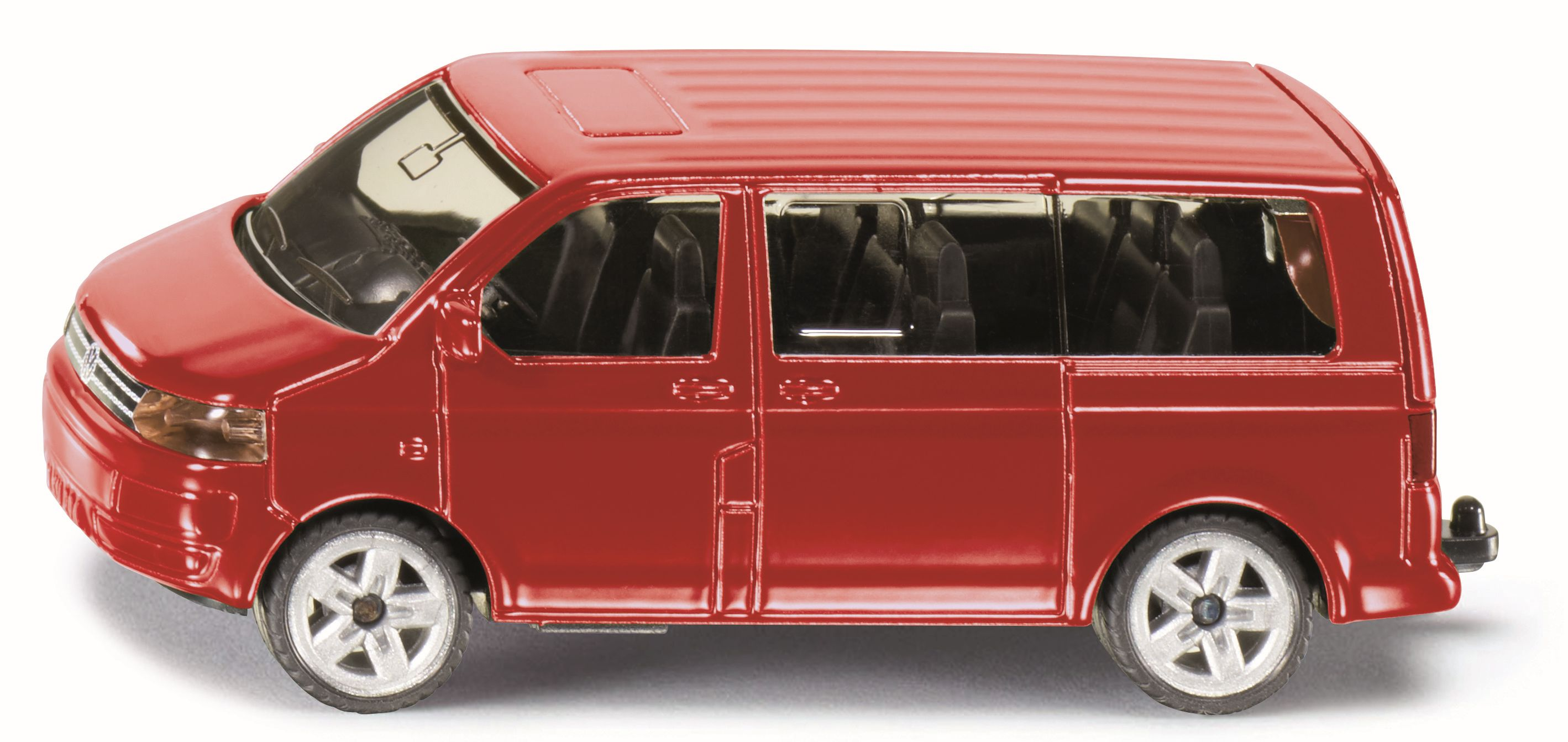 Ein rotes Spielzeugauto mit getönten Fenstern und silbernen Rädern.