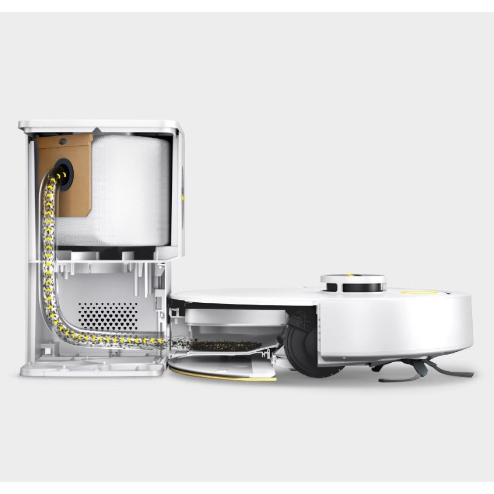 Biały robot sprzątający ze stacją zbierającą brud.