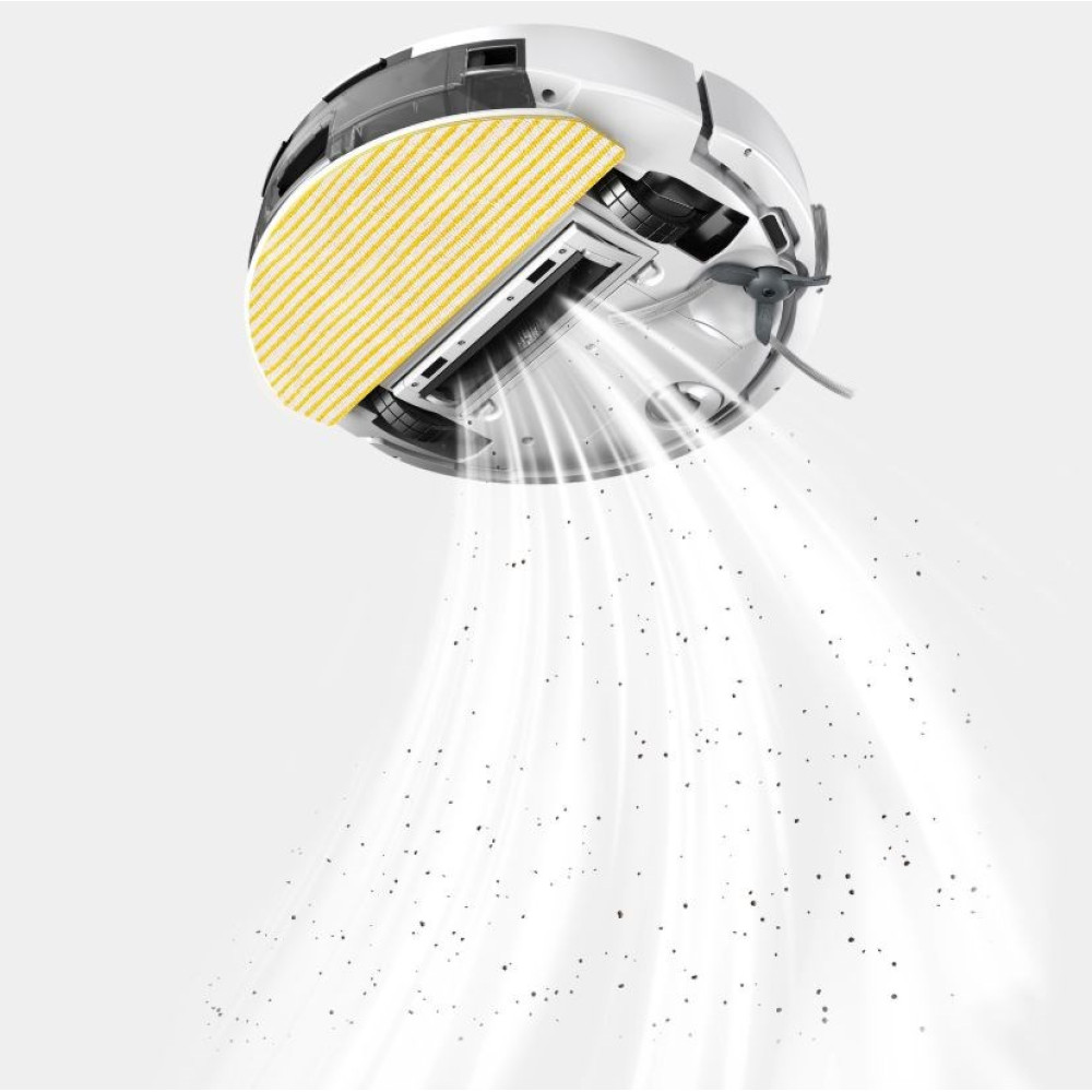 Odkurzacz robotyczny zasysa kurz, pokazując żółtą nakładkę i przepływ powietrza.