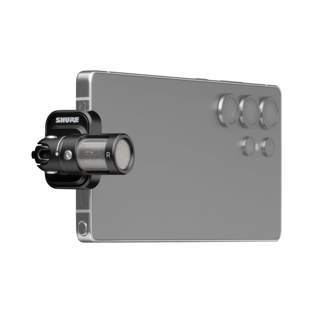 Czarny mikrofon Shure jest przymocowany do boku szarego smartfona.