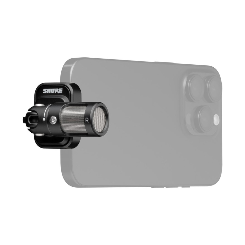 Czarny mikrofon Shure jest przymocowany do szarego smartfona.