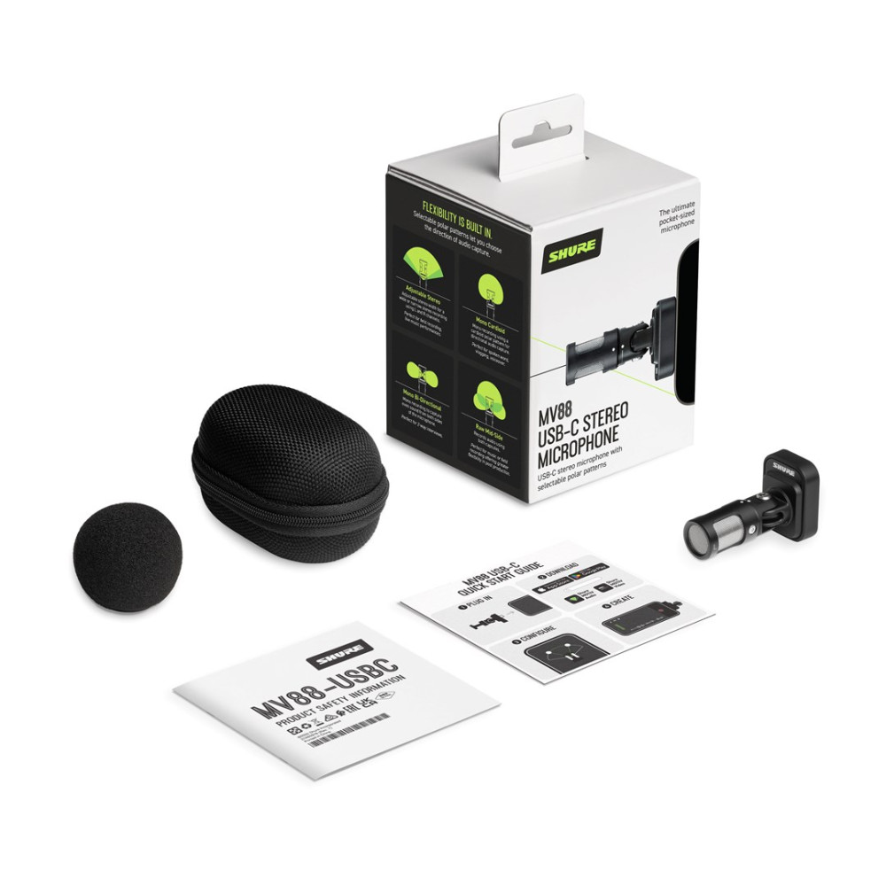 Zestaw mikrofonu Shure MV88 USB-C z akcesoriami: mikrofon, etui, gąbka przeciwwietrzna, instrukcje.