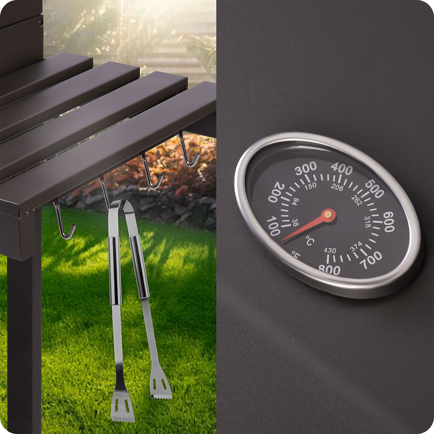 Szczypce do grilla wiszą na grillu; obok termometr pokazuje 300°F.