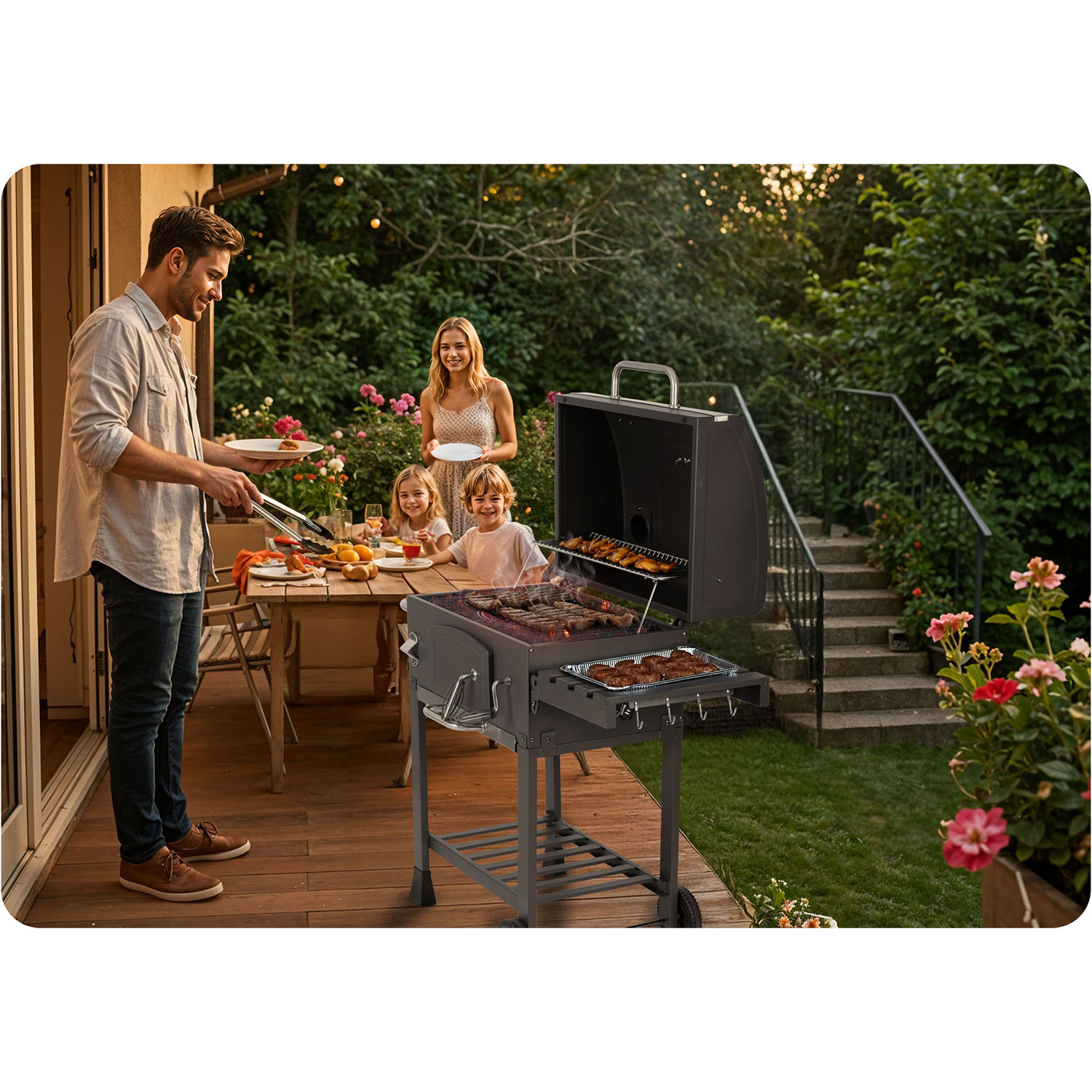 Rodzina cieszy się grillem w ogrodzie o zachodzie słońca.