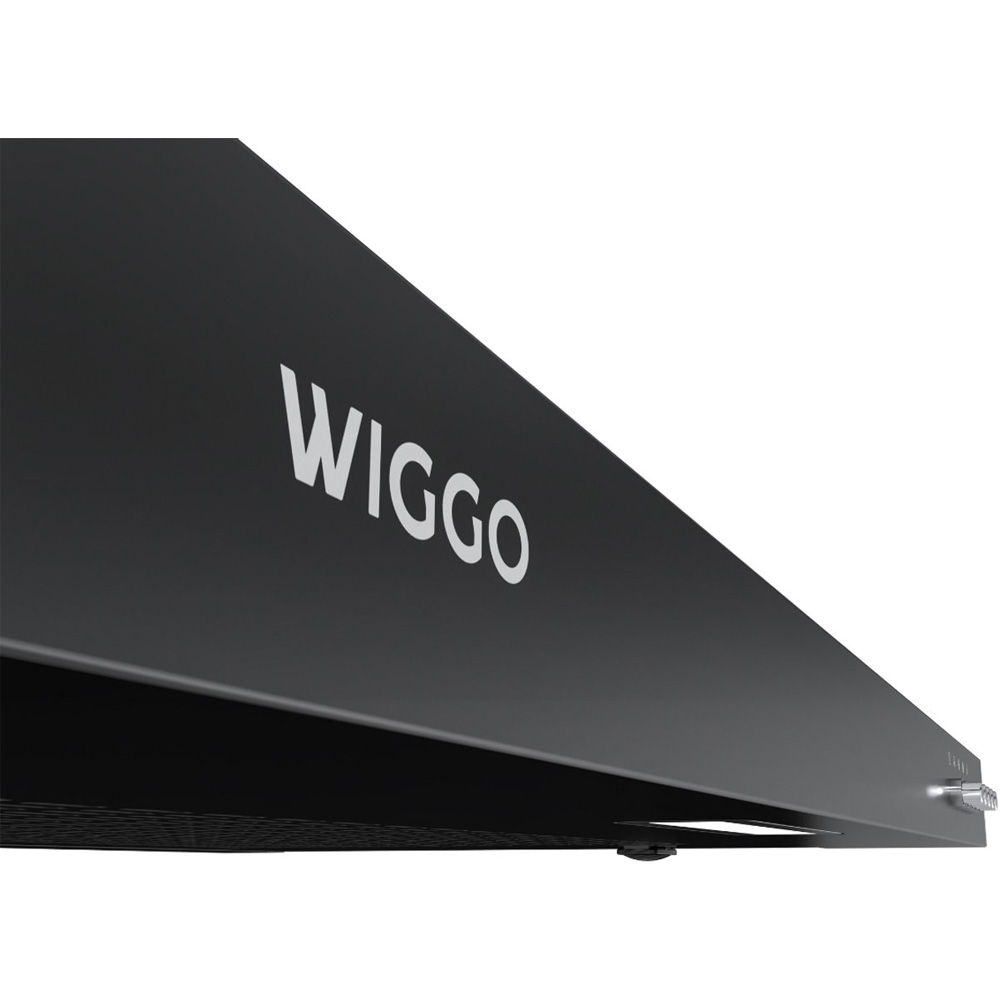Zwart apparaat met wit 'WIGGO' logo. Close-up.