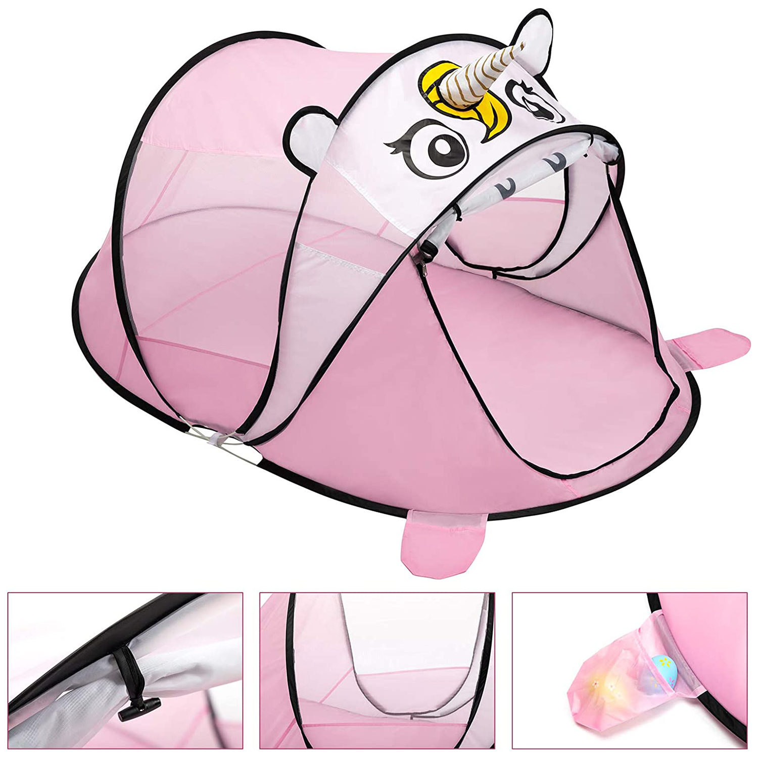 Una carpa rosa de unicornio con ribete negro y un cuerno.