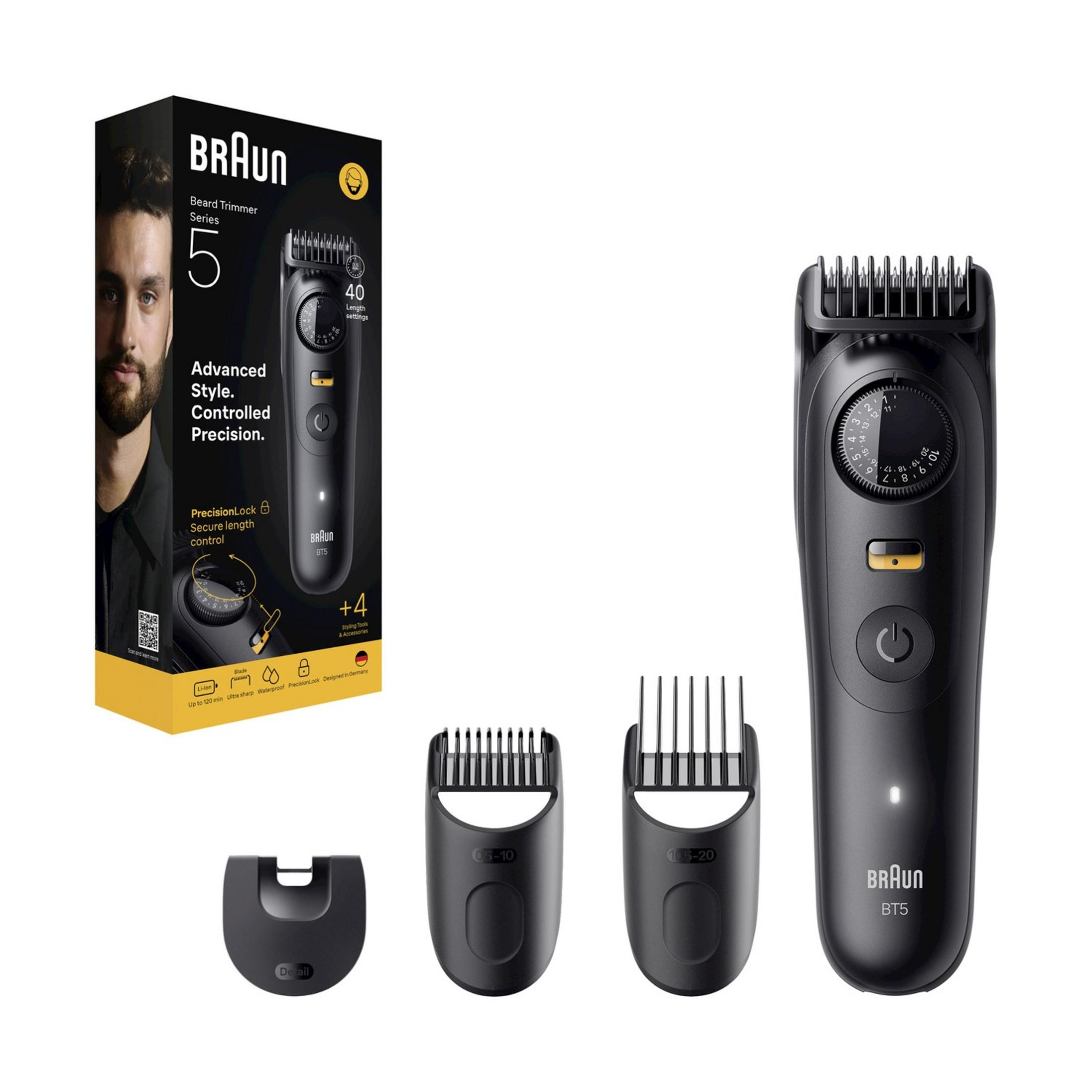 Braun Bartschneider Serie 5 mit Aufsätzen und Karton. Schwarzer Trimmer, Kammaufsätze und Ladegerät.