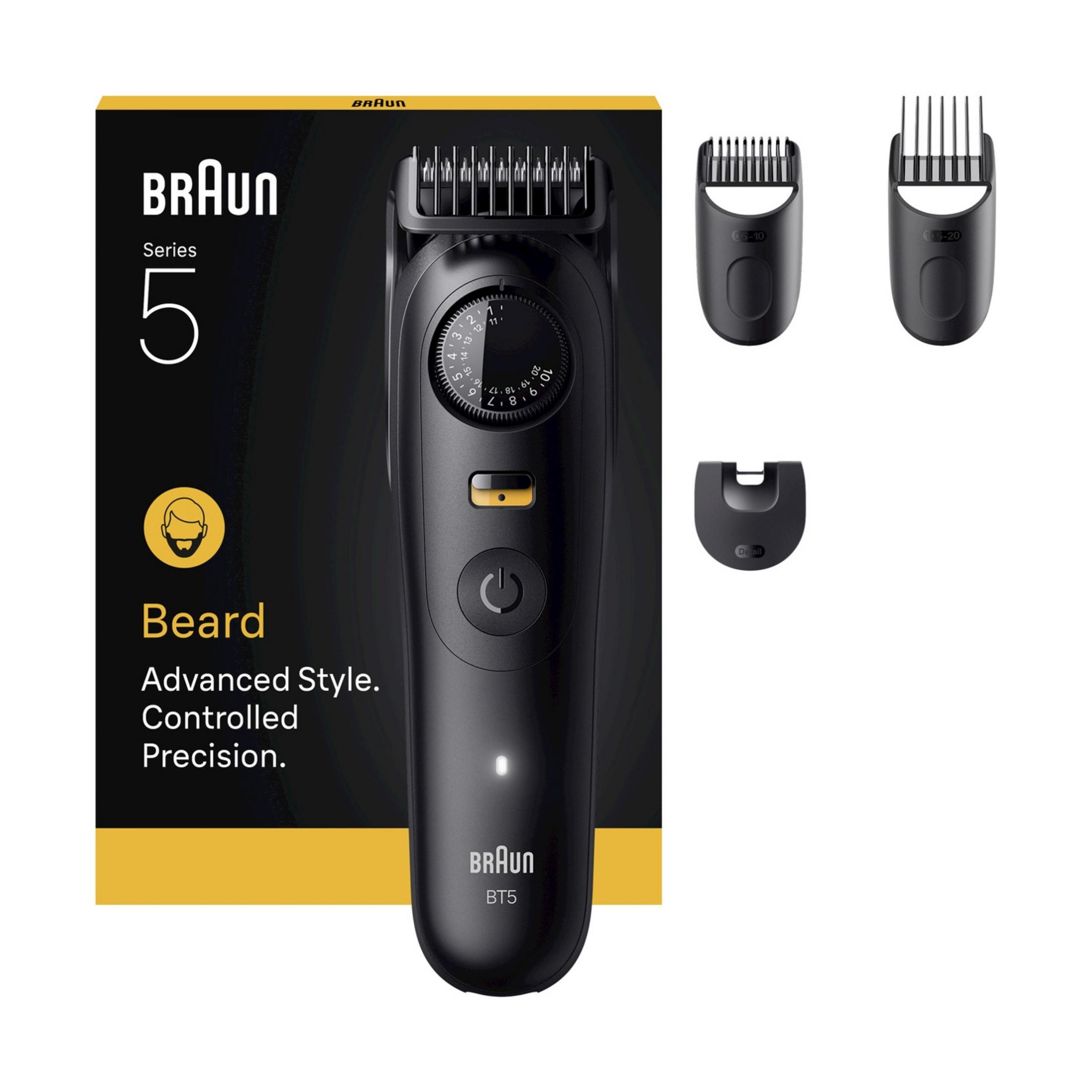 Ein schwarzer Braun Barttrimmer der Serie 5 mit Aufsätzen und Verpackung.