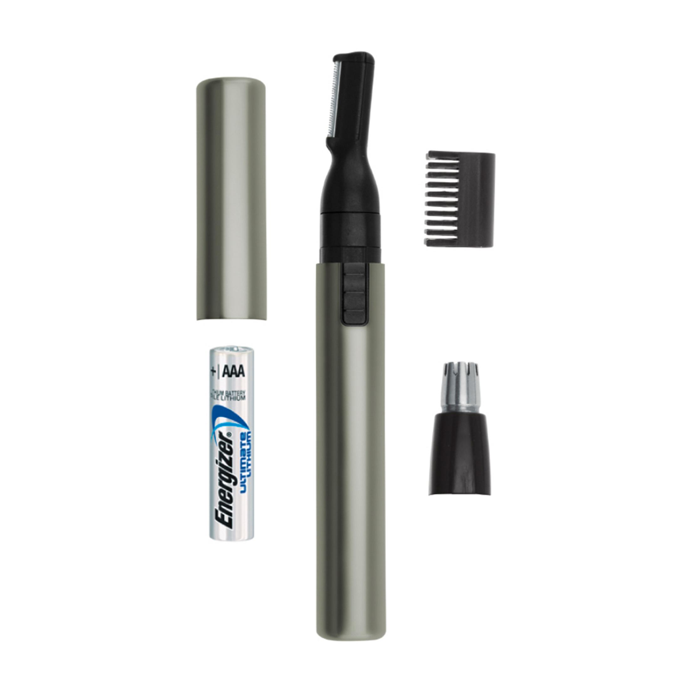 Ein silberner Trimmer mit Zubehör: Batterie, Aufsatz und Kappe.