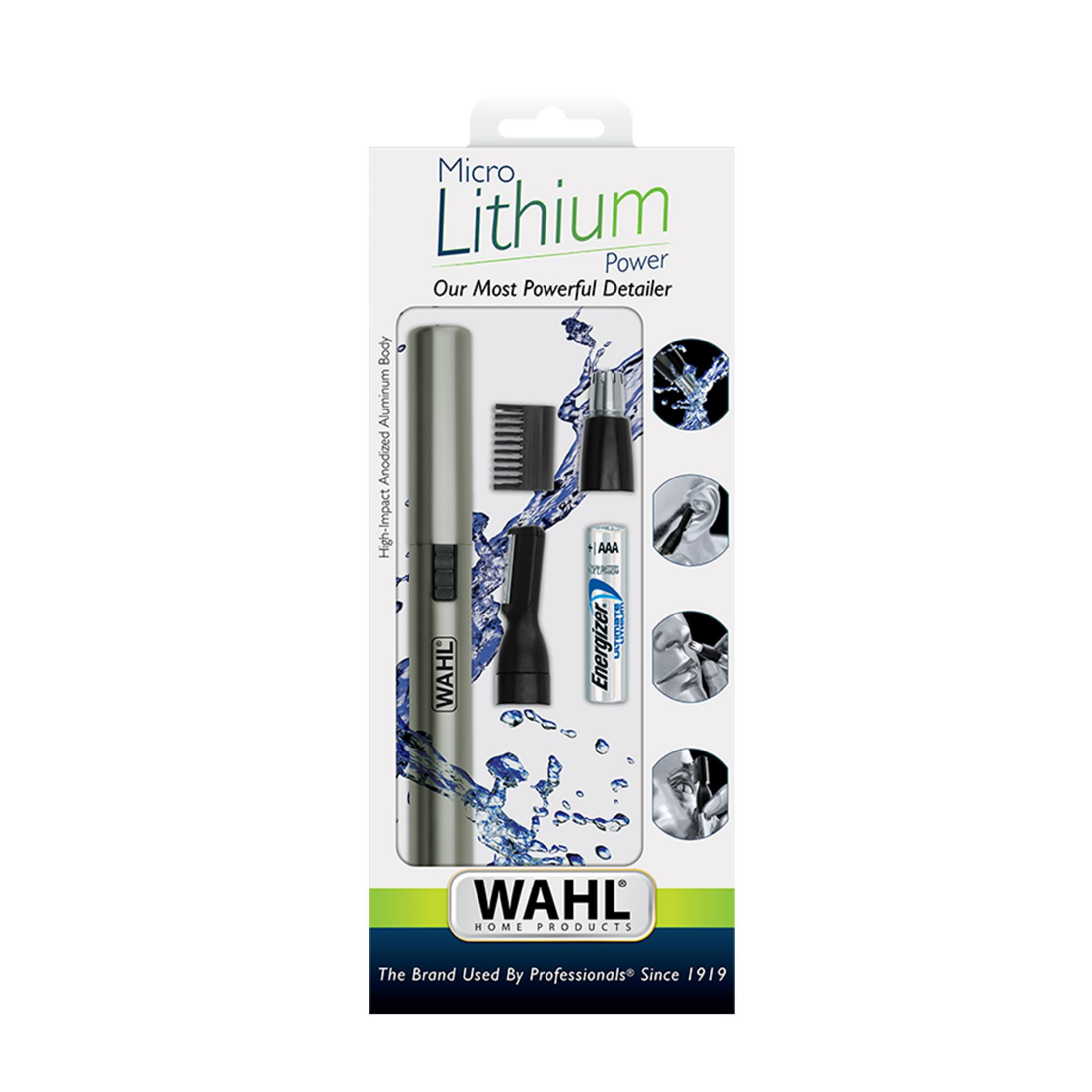 Wahl Micro Lithium Detailer-Kit-Verpackung mit Trimmer, Aufsätzen und einer AAA-Energizer-Batterie.