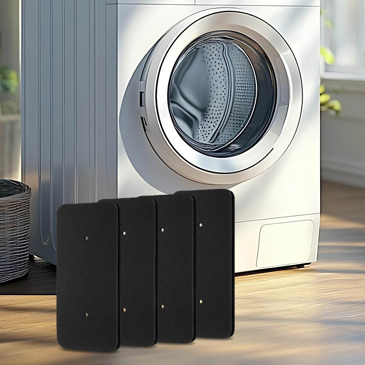 Cztery czarne filtry przed pralką.