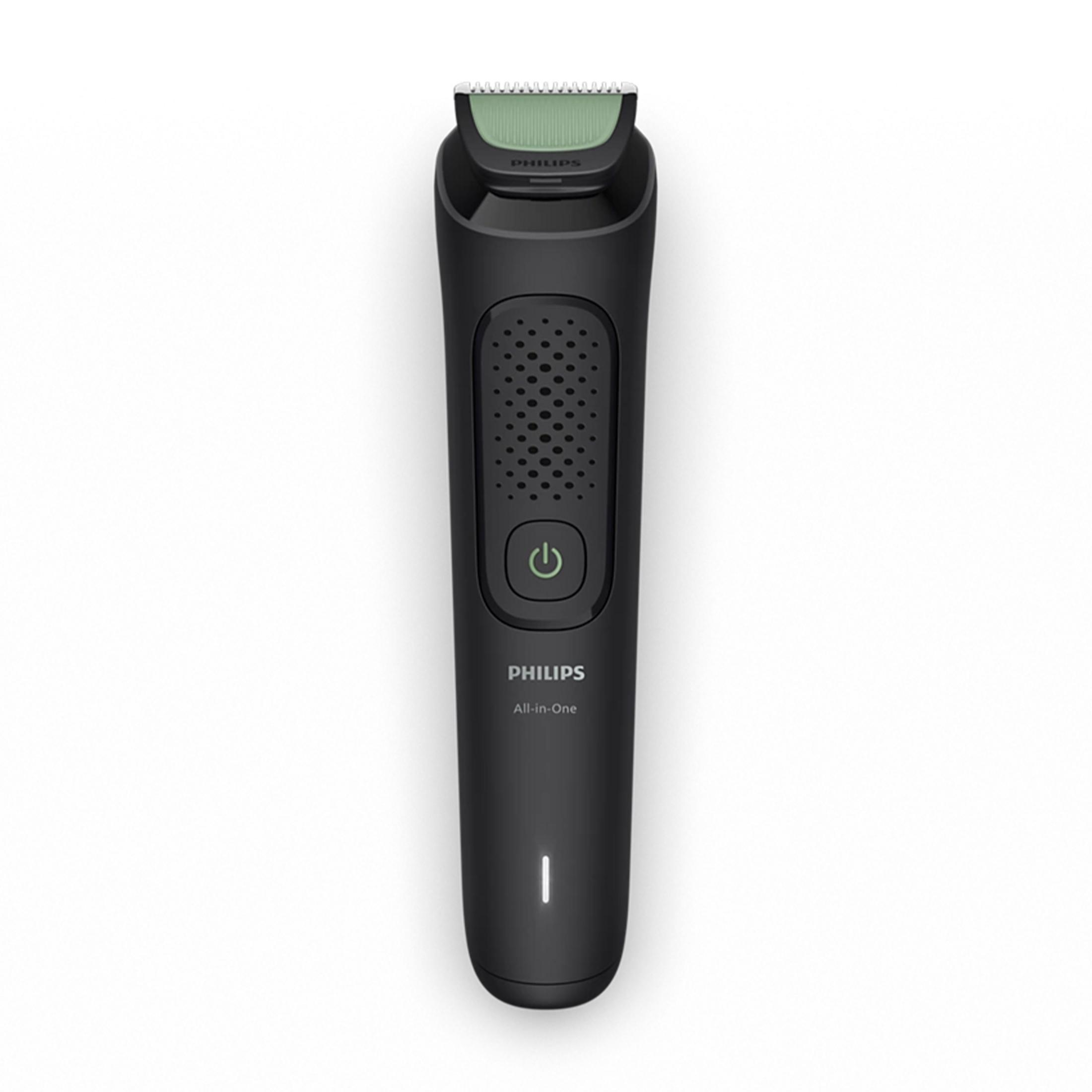Czarny trymer Philips All-in-One z zieloną nasadką i przyciskiem zasilania.