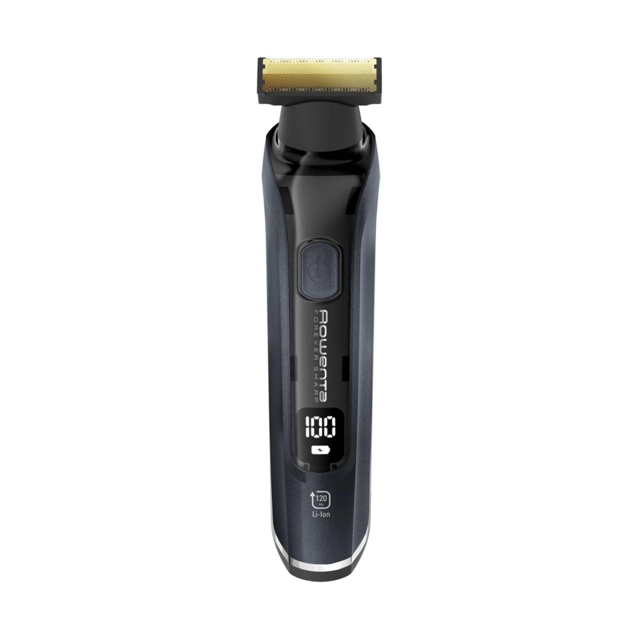 Ein goldener Trimmer mit schwarzem Griff und digitaler Anzeige.