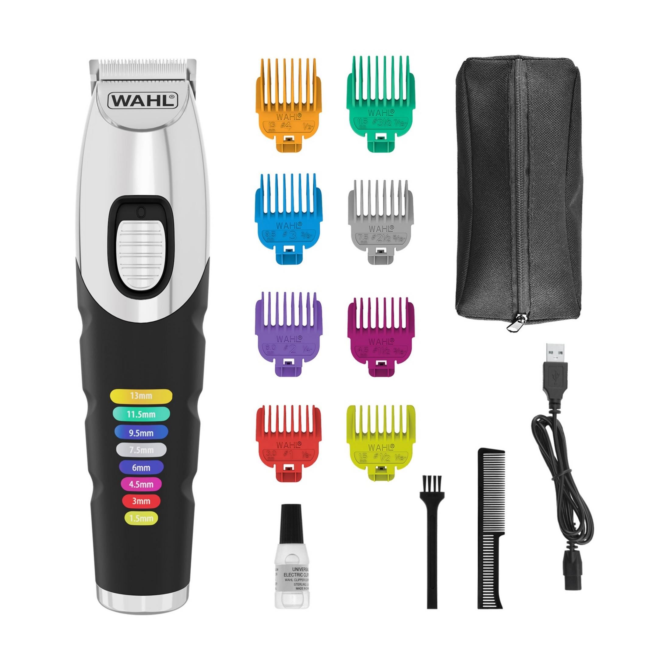 Zestaw maszynki do strzyżenia włosów Wahl z nasadkami, kablem, grzebieniem i olejem.